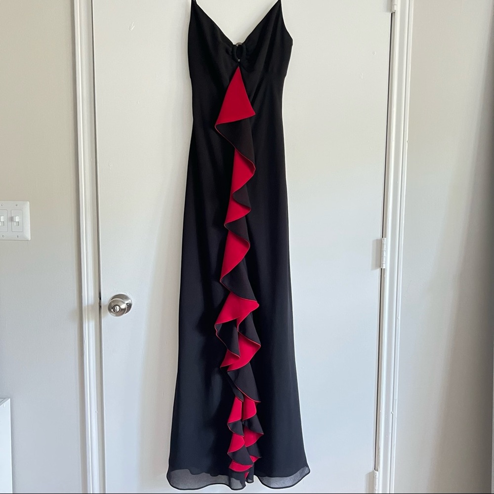 Blondie Nites Black & Red Ruffle Open Slit Front Maxi Dress
